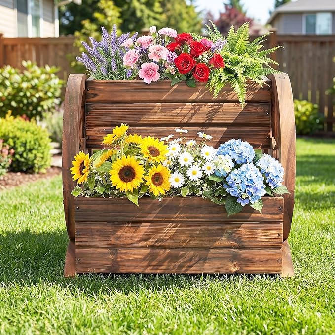 Giantex Wooden Wagon Planter Box, Garden Planter with Drainage Holes & Wheels for Flowers Herbs Vegetables, Indoor Outdoor Decorative Flower Cart for Patio Garden Balcony (1)