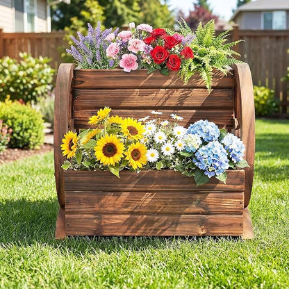 Giantex Wooden Wagon Planter Box, Garden Planter with Drainage Holes & Wheels for Flowers Herbs Vegetables, Indoor Outdoor Decorative Flower Cart for Patio Garden Balcony (1)