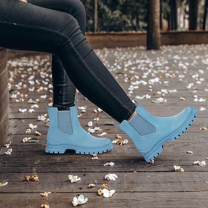 DKSUKO Rain Boots Women Waterproof Chelsea Boots Ankle Garden Shoes for Ladies Rubber Short Rainboots with Removable Comfort Insole for Outdoor Work Deck Mud Boots