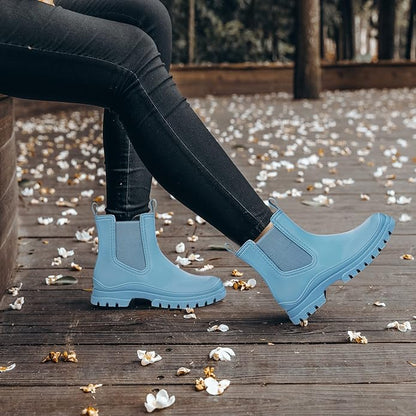 DKSUKO Rain Boots Women Waterproof Chelsea Boots Ankle Garden Shoes for Ladies Rubber Short Rainboots with Removable Comfort Insole for Outdoor Work Deck Mud Boots