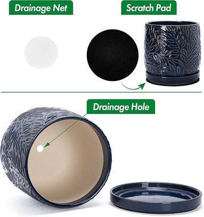 D'vine Dev 10 Inch Embossed Leaves Stoneware Planter Pot with Drainage Hole and Saucer, Midnight Blue, 27-A-P-3