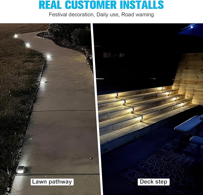 VOLISUN Solar Deck Lights Driveway Dock Lights, 8-Pack Led IP68 Waterproof Outdoor Warning Step Lights for Driveway Sidewalk Garden Pathway Yard(Warm White, Auto On/Off