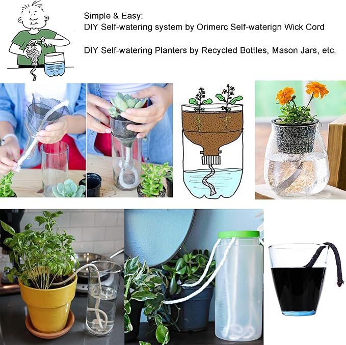 ORIMERC 100 Pcs 6 x 10cm Plant Labels with 30 Feet Self Watering Wick Cord for Vacation Self-Watering Planter Pot DIY Automatic Watering Device Potted Plant Sitter Auto Drip Waterer Garden Tag Marker