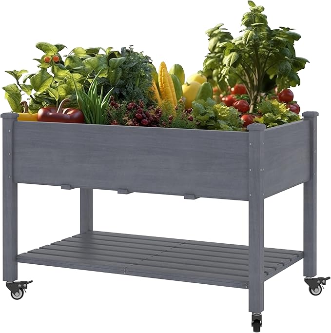 MUPATER 4 x 2FT Raised Garden Bed, Elevated Garden Bed with Drainage Holes, Planter Box with Four Wheels and Legs for Herbs and Vegetables, Greenhouse, Garden, Farm, Gray