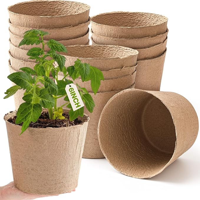 Karenhi 16 Pcs Peat Pots 6 Inch Biodegradable Organic Seed Starting Pots with Drainage Holes Round Nursery Plants for Vegetables, Herbs, Flowers Indoor Garden Germination