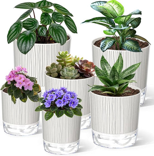 6 Pack Self Watering Pots for Indoor Plants, 4+5.5+6.3 Inch Self Watering Plant Pots Set, Flower Pots with Wick Rope and Reservoir for African Violet, Spider Plant, Orchid