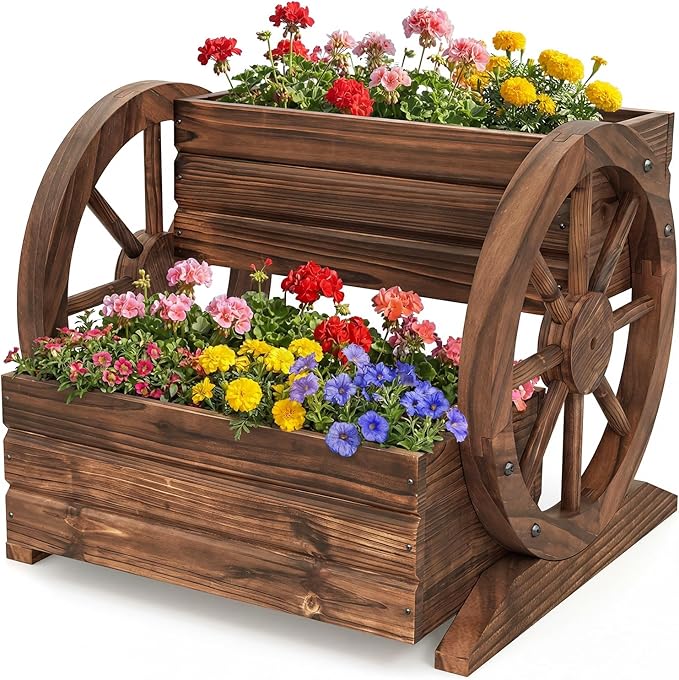Giantex Wooden Wagon Planter Box, Garden Planter with Drainage Holes & Wheels for Flowers Herbs Vegetables, Indoor Outdoor Decorative Flower Cart for Patio Garden Balcony (1)