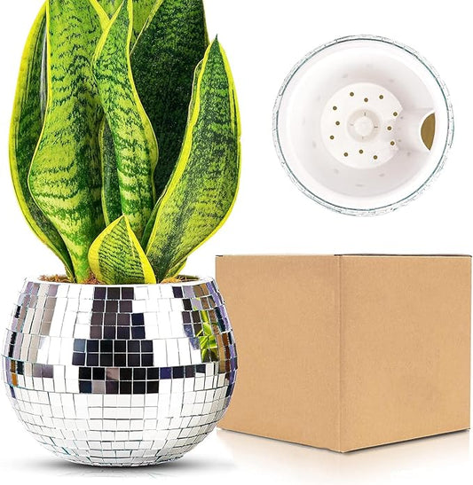 Disco Ball Planter,Disco Ball Vase,Plant Pot,Flower Pot,Mirror Plant Holder,Plastics Self Watering Disco Decor Planter for Small Plant, Party,Table,Office,Kitchen (Silver, 4X5IN)