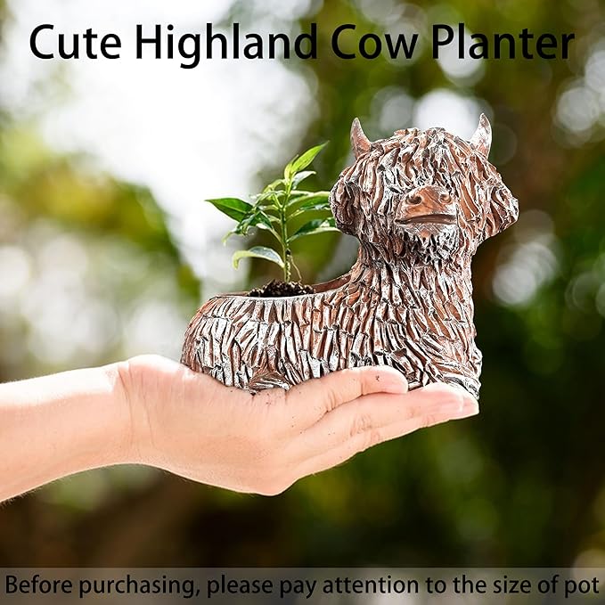 2Pcs Cute Highland Cow Planter Small Adorable Scottish Resin Flower Pot for Succulents Decorative Gift with Drainage Hole Farmhouse Home Decor for Plant Lover (Brown 5.9" L x 3.3" W)