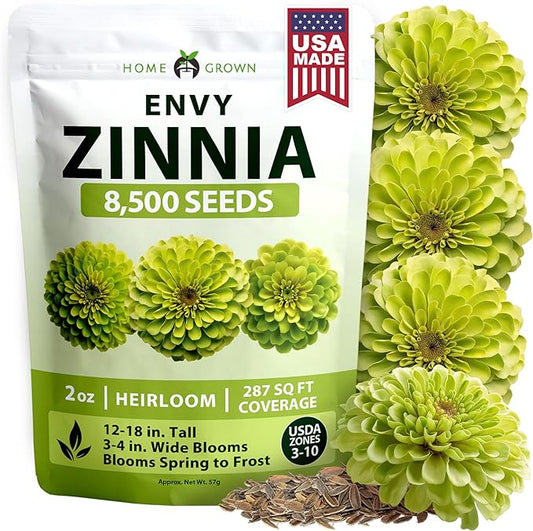 HOME GROWN Envy Zinnia Seeds (2oz) – 8500 Rare Lime Green Annual Zinnia Flower Seeds for Planting, Fast-Growing Bulk Seed Variety, Premium Garden Companion for 2026 Bloom (Zinnia elegans)