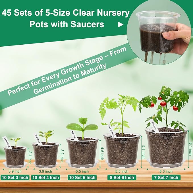 Jollidecor 35-Piece Clear Plastic Plant Nursery Pots with Drainage Holes and Saucers, 4 to 7 Inch Sizes