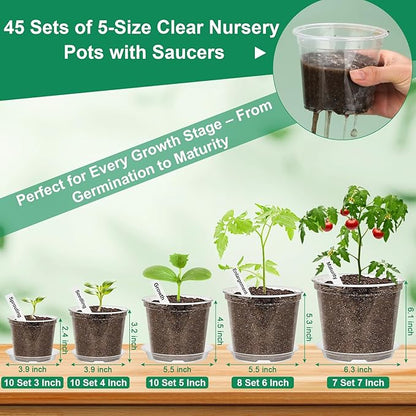 Jollidecor 35-Piece Clear Plastic Plant Nursery Pots with Drainage Holes and Saucers, 4 to 7 Inch Sizes