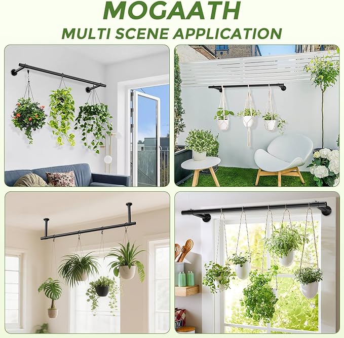 Window Plant Hanger Indoor, 80 Inch Heavy Duty Plant Hanging Rod, 1 Inch Metal Hanging Plant Holder for Window Wall, Matte Black Round Flange Base, Pot Not Included