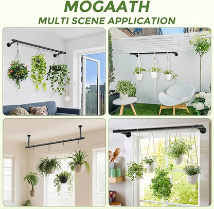 Window Plant Hanger Indoor, 32 Inch Heavy Duty Plant Hanging Rod, 1 Inch Metal Hanging Plant Holder for Window Wall, Matte Black Round Flange Base, Pot Not Included