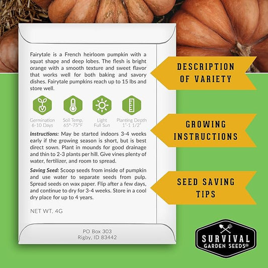 Fairytale Pumpkin Seeds for Planting | Musquée de Provence Heirloom Cucurbita Moschata - Sweet Flavor Pumpkins for Storage, Pies, Soups, Fall Décor - Survival Garden Seeds (1 Pack)