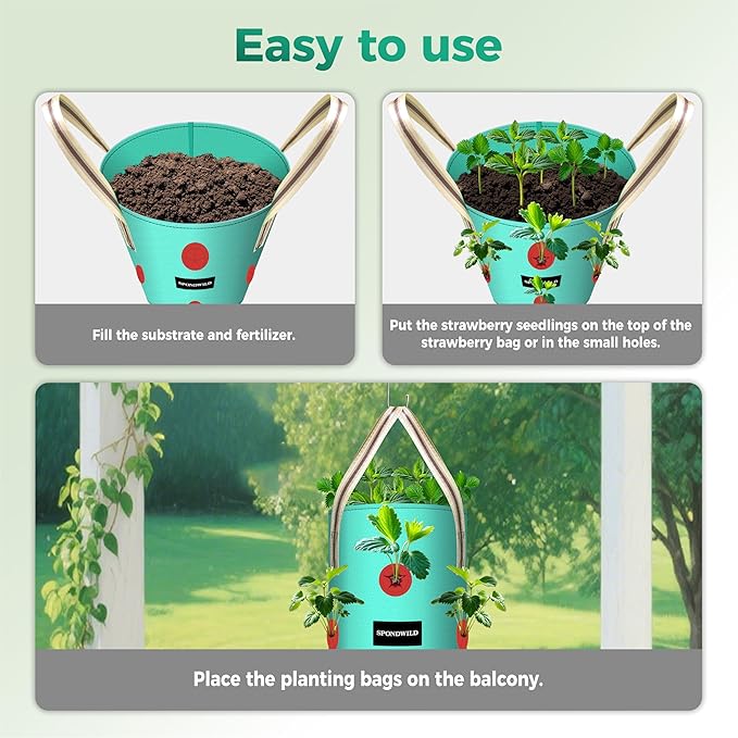 3 Pack Hanging Strawberry Planter Bags, 1 Gallon Hanging Grow Bags with Bottom Planting Hole, Thickened PE Strawberry Pot for Vegetables Herbs Tomatoes