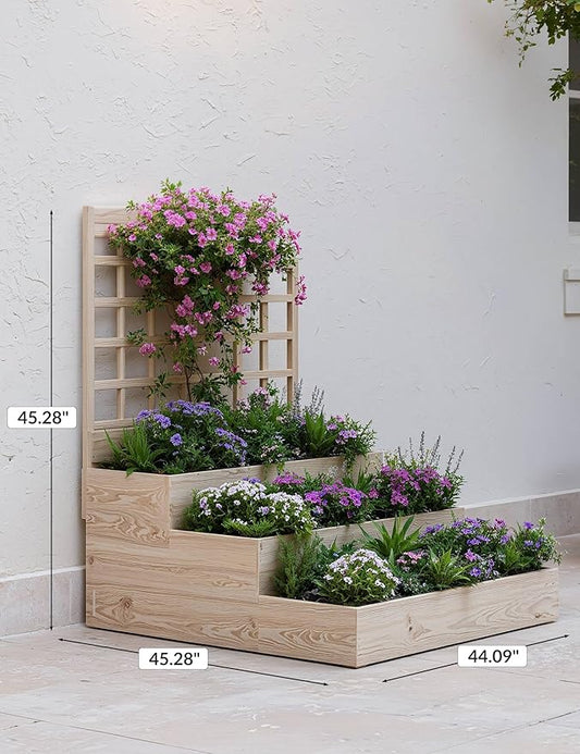 GarveeLife 3-Tier Raised Garden Bed,Wooden Vertical Planters with Trellis & Open-Ended Base for Climbing Plants Vines Flower Herb Vegetable Fruit,Outdoor Planter Boxes for Patio Yard Lawn