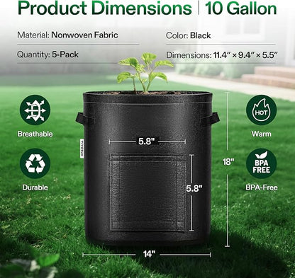 VIVOSUN 5-Pack 10 Gallon Potato Grow Bags for Growing Potatoes, Fabric Potato Pots with Handle and Roll-up Window, Potato Growing Containers Potato Planter Potato Planter for Growing Potatoes, Black