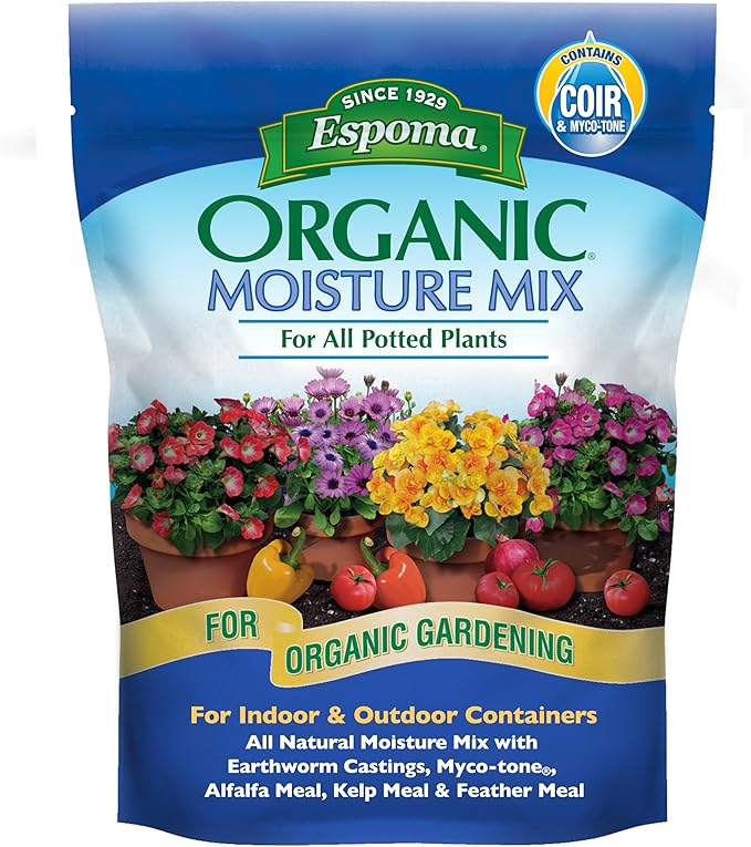 Espoma Organic Moisture Mix Potting Soil - All Natural Potting Mix for All Indoor & Outdoor Containers for Organic Gardening, 8 qt. Bag. Pack of 2