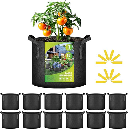 iPower 12-Pack 1 Gallon Grow Bags Heavy Duty Thickened Aeration Nonwoven Fabric Pots with Nylon Handles and 12 Labels for Planting Vegetables, Fruits, Flowers, Black