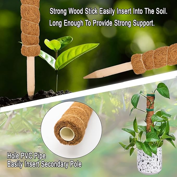 4 Pcs Moss Pole Extending to 51.1 Inches for Plants Monstera, Coco Coir Moss Sticks for Indoor Plants Support Stakes for Climbing Plants Grow Upward with Jute Rope, Tool Set and Hook-Loop Strip