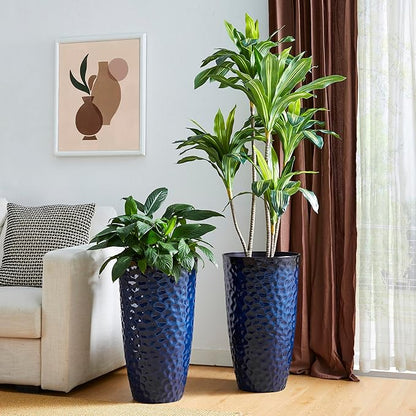 Glitzhome 23.75" H Oversized Tall Planter,Modern Set of 2 Honeycomb Textured Gradient Cobalt Blue Round Garden Plant Pots with Drainage Holes Flower Containers for Indoor Outdoor,Front Porch,Patio