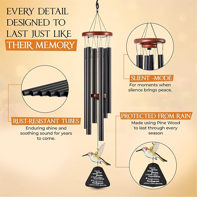 32 Inch Hummingbird Memorial Wind Chimes Outdoor, Sympathy Gifts for Loss of Loved One, Memorial Gifts for Loss of Mom, Sympathy Wind Chimes for Mother, Father, Brother, Sister