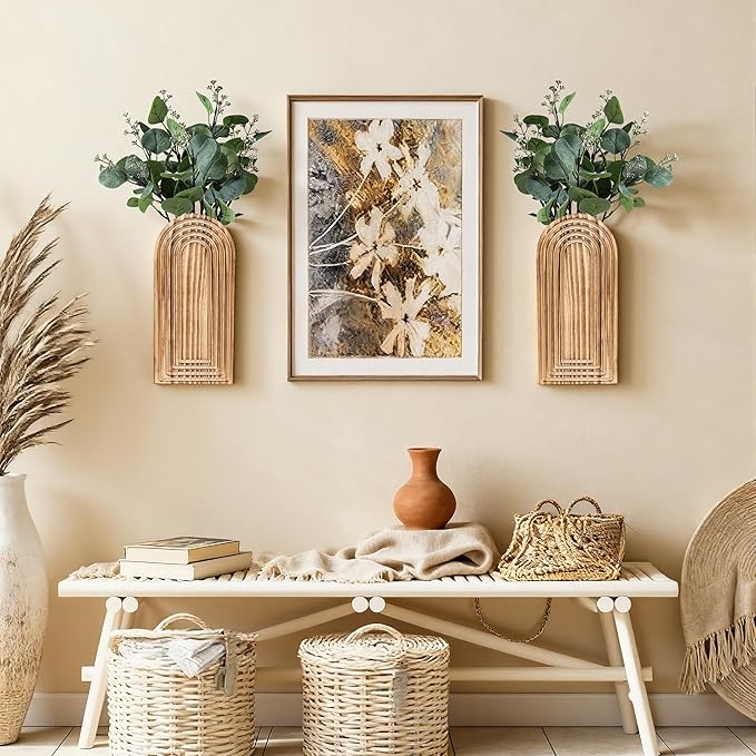 DREAMLOOM 2 Pack Wooden Wall Vases with Fake Plants, Wall Hanging Planters Boho Modern Farmhouse Indoor for Narrow Spaces Entryway Bathroom Home Office Decoration, Brown