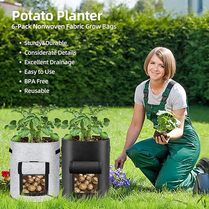 14 Pack Potato Grow Bags 10 Gallon with Flap and Handle(6PCS non-woven fabric and 8PCS PE Material Fabric Pots) for Tomato, Vegetable and Fruits