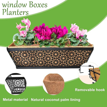 4 Pack 30" Railing Planter Window Box Deck Balcony Rail Planter Black Metal Flower Basket Horse Trough Planter with Coco Fiber Liner for Porch Fence Patio Outdoor