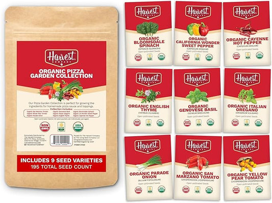 The Harvest Company Organic Pizza Garden Seed Collection – USDA & CCOF Certified Organic, Non-GMO, Open-Pollinated Seeds for Indoor & Outdoor Gardening, 195 Seeds Total