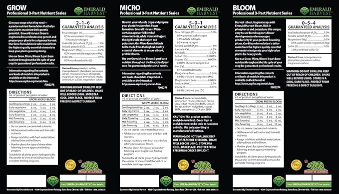 Emerald Harvest Grow, Micro, Bloom Fertilizer Combo, 0.95 L