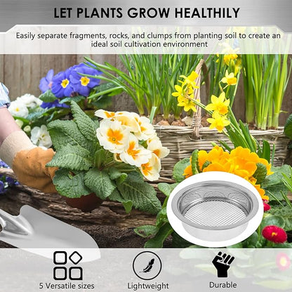 Soil Sieve Set with 5 Interchangeable Meshes Sizes 1/3/6/9/12mm, Stainless Steel Riddle Sieve Pan with Shovel 24cm Garden Potting Soil Sifter for Gardening Dirt Sand Soil Rocks