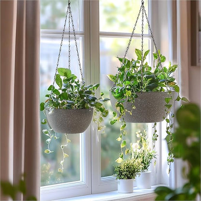 T4U 8 Inch Hanging Planters for Indoor Plants, 2 Pack Hanging Planter, Hanging Plant Pots with Drainage Holes and Chain, Hanging Basket Pots for Garden Home Porch Decor,Grey