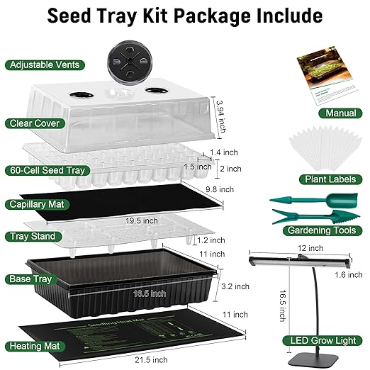 60-Cell Self-Watering Seed Starter Kit with Grow Light and Heat Mat, Seedling Tray with Humidity Dome, Indoor Plant Germination Tray for Beginners - Grow Tomatoes, Peppers, Herbs & Flowers