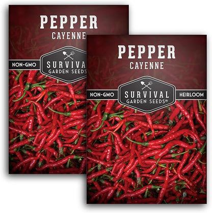Cayenne Pepper Seeds for Planting | Hot Heirloom Non-GMO Red Peppers with 30,000–50,000 Scoville Heat – Survival Garden Seeds (2 Pack)