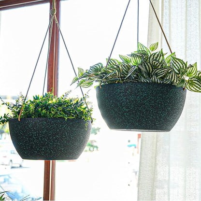 12 Inch 2 Pack Large Hanging Planters for Indoor Outdoor Plants, Plastic Hanging Basket Pots for House Plants Flowers, Black Speckles