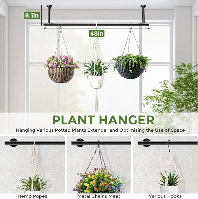 Window Plant Hanger Indoor, 48 Inch Heavy Duty Plant Hanging Rod, 1 Inch Metal Hanging Plant Holder for Window Wall, Matte Black Round Flange Base, Pot Not Included