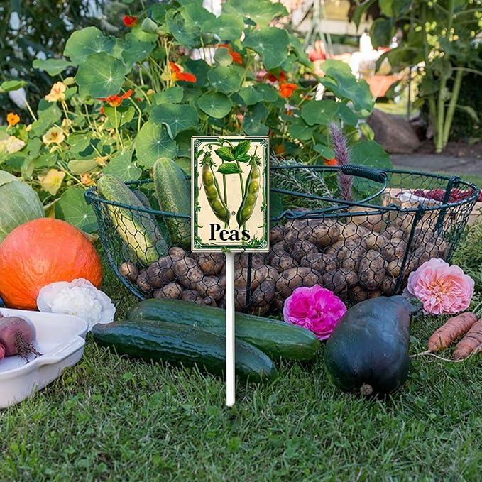 Uptell Vegetable Garden Peas Yard Sign Label With Stake Plant Markers For Outdoor Plants Waterproof 7x8.8inch Nursery Garden Outdoor Sign