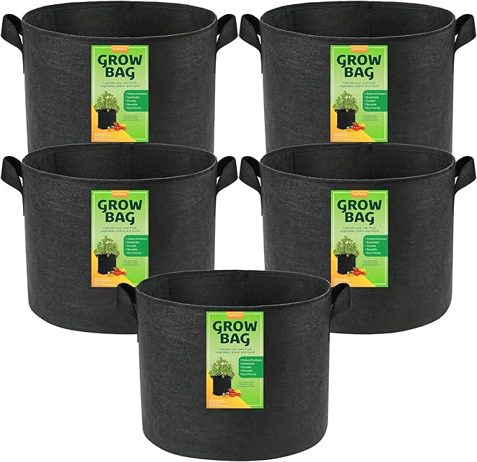 LotFancy 5-Pack 20 Gallon Grow Bags, Thickened Nonwoven Fabric Pots with Reinforced Handles, Heavy Duty 300G Aeration Planter Bags for Vegetables Flowers Fruits, Black