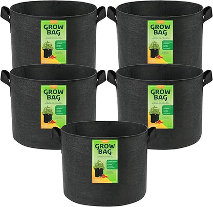 LotFancy 5-Pack 20 Gallon Grow Bags, Thickened Nonwoven Fabric Pots with Reinforced Handles, Heavy Duty 300G Aeration Planter Bags for Vegetables Flowers Fruits, Black