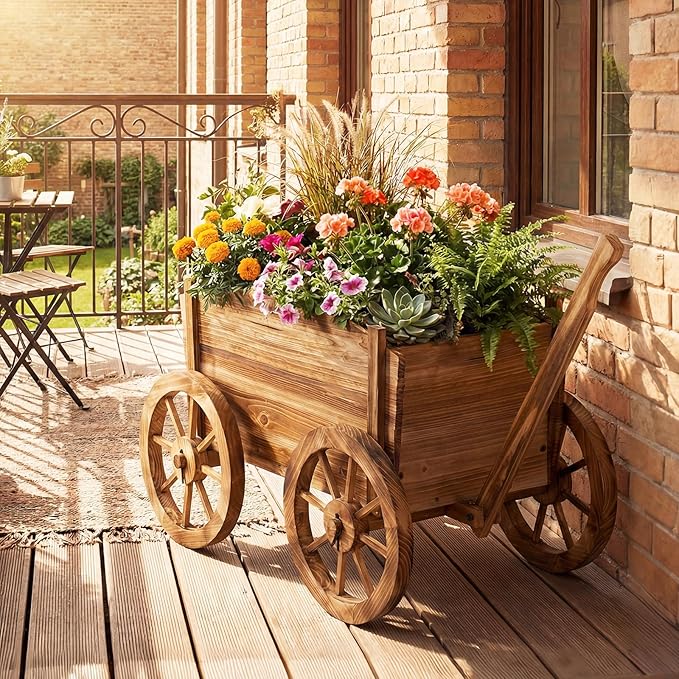 Giantex Wood Wagon Planter Set of 2, Rustic Rolling Flower Pot Stand with Wheels, Handle & Drainage Hole for Growing Vegetables Herbs, Indoor Outdoor Decorative Cart for Patio Balcony Garden