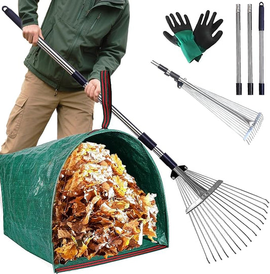 Rake for Leaves, Adjustable Small Leaf Rakes for Lawns, 53 Gallon Reusable Yard Waste Bags with Reinforced Carry Handles, Metal Leaf Rake for Yard, Gardening Outdoor Camping Grass Weed