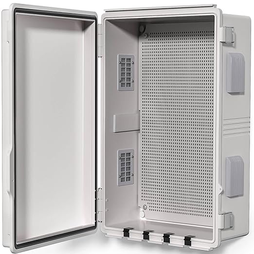 Electrical Junction Box, Ventilated Design, Cable Grommets, Indoor/Outdoor Use with Mounting Panel & Hinged Cover. Waterproof IP 65. (Grey Cover, 17.7"x13.7"x7.9")