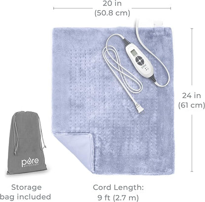 Pure Enrichment PureRelief Ultra-Wide Microplush Heating Pad - 20” x 24” XXL Size & 6 Heat Settings for Temporary Neck, Shoulder & Back Pain Relief - Moist Heat Option & Machine Washable (Periwinkle)