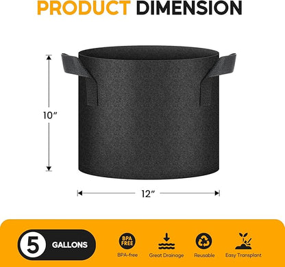 HealSmart 6-Pack 5 Gallon Nonwoven Grow Bags, Aeration Fabric Pots with Handles, Suitable for Garden Fruits, Vegetables and Flowers, Black