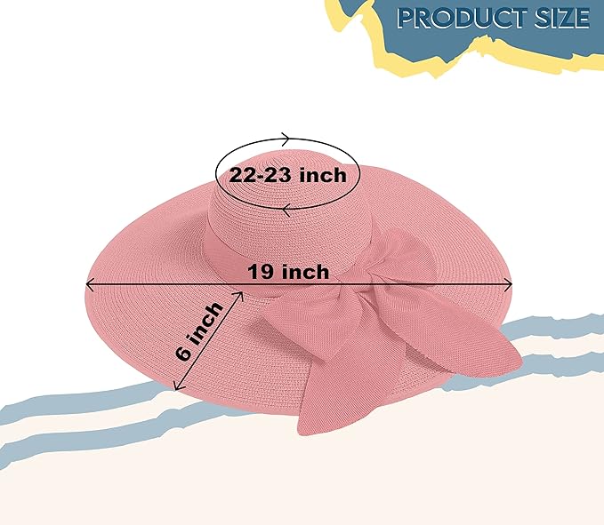 Women's Wide Brim UPF 50+ Straw Sun Hat with Bow - Foldable Packable Summer Beach Hat with Chin Strap