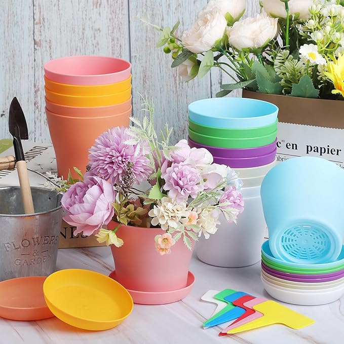 Aodaer 16 Pack 4 Inch Plastic Planters with Multiple Drainage Holes and Tray Indoor Outdoor Flower Plant Nursery Pots with Labels Flower Seedling Pots for Herb Garden Home Succulents, Assorted Colors