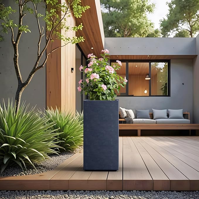 Kante 27.6" H Tall Rectangular Concrete Planter, Modern Square Diameter Plant Pot with Drainage Hole and Rubber Plug for Indoor Outdoor Home Patio Garden, Charcoal
