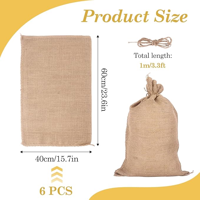 Klmnop 6 Pack Natural Burlap Bags with Drawstring, 16x24 Inch Reusable Jute Potato Sacks with Rope for Potatoes, Onions, Vegetables, Plants, and Large Gift Packaging